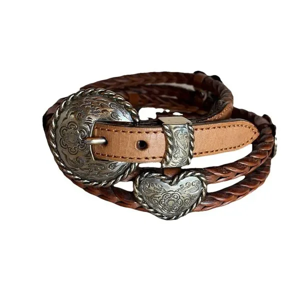Brighton Double Braided Cowgirl Leather Belt Silver Heart Concho 71706 Size 30 - Picture 2 of 12